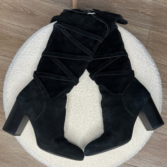 SAM EDELMAN/KAYLA BALCK SUEDE WRAP BUCKLE KNEE HIGH HEELED BOOTS/ SIZE: 10 - Picture 2 of 3